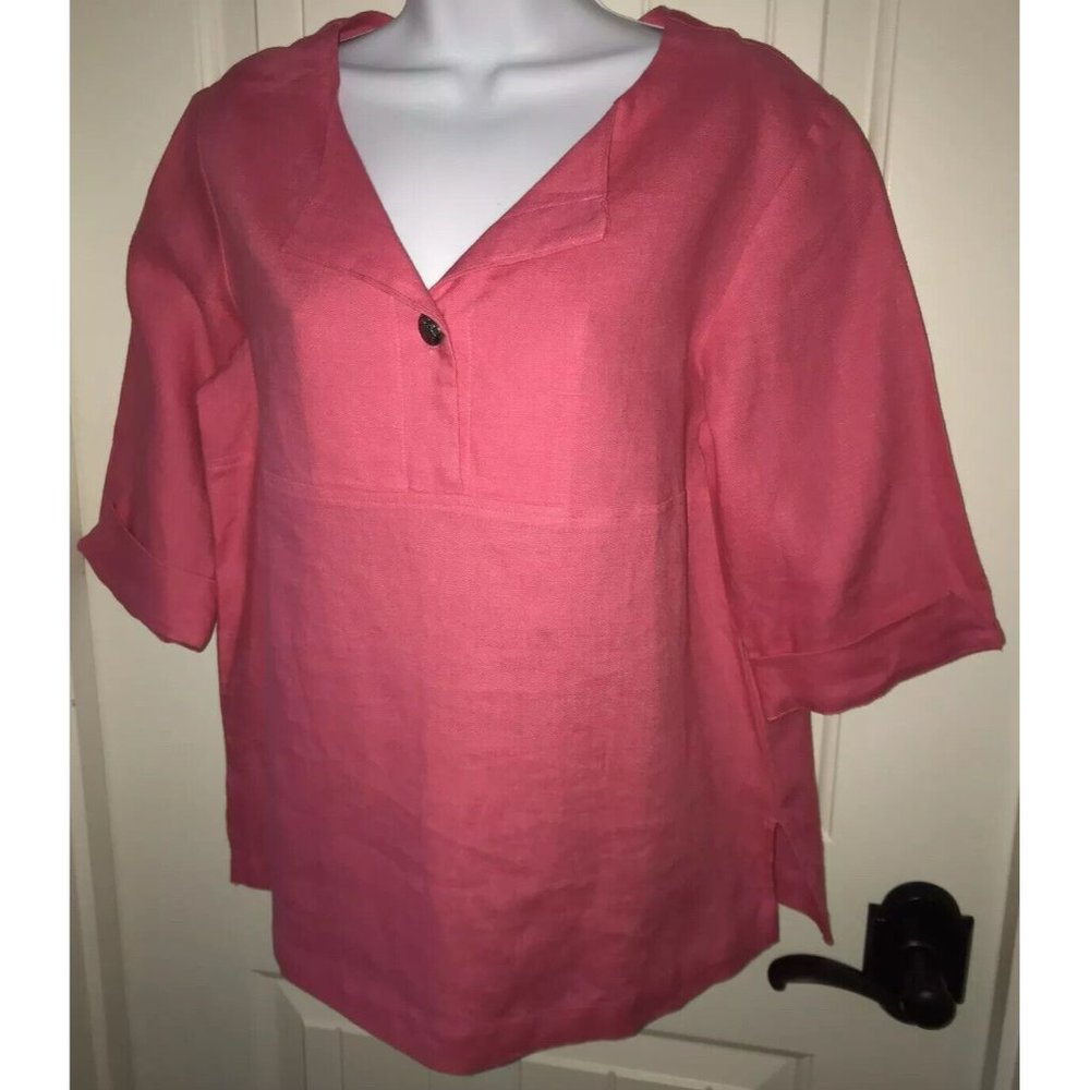 Coldwater Creek Pink Linen V Neck 3/4 Sleeve Top Shirt Tunic Petite XS EUC